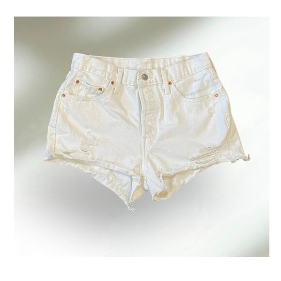 Shorts Levi’s 501 Premium Distressed High-rise White Denim Shorts 29 - Picture 1 of 12